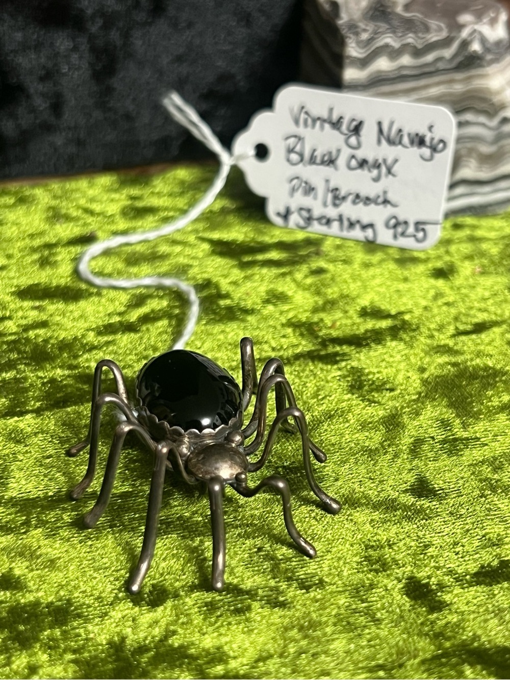 Vintage Black Spider Pin Brooch with Black Onyx - Unbranded